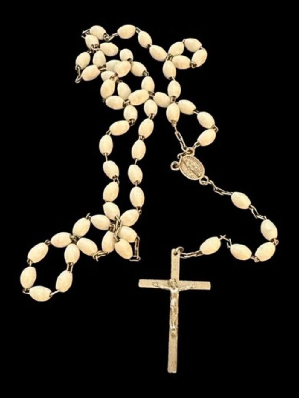 Vintage Catholic Rosary White Beaded Silver Tone Metal Crucifix Christian Gift